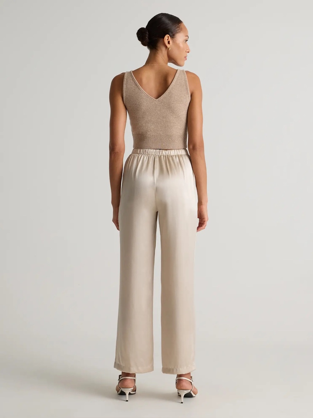 QUINCE 100% WASHABLE SILK DRAWSTRING WIDE LEG PANTS IN CHAMPAGNE - Picture 11 of 12